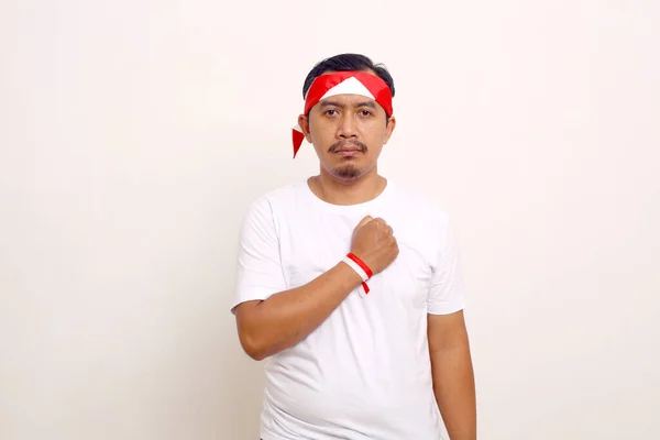 Asian Man Standing Respect Gesture Indonesian Independence Day Concept Isolated — Stock Fotó