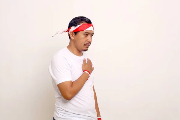 Side View Asian Man Standing Respect Gesture Indonesian Independence Day — ストック写真