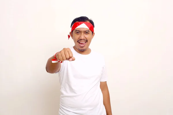 Asian Man Standing Fist Hand Gesture Celebrating Indonesian Independence Day — Stock Fotó