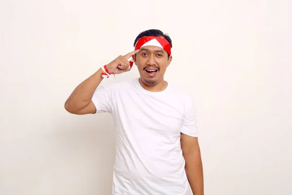 Smart Asian Man Standing Thinking Gesture Indonesian Independence Day Concept — Stock Fotó