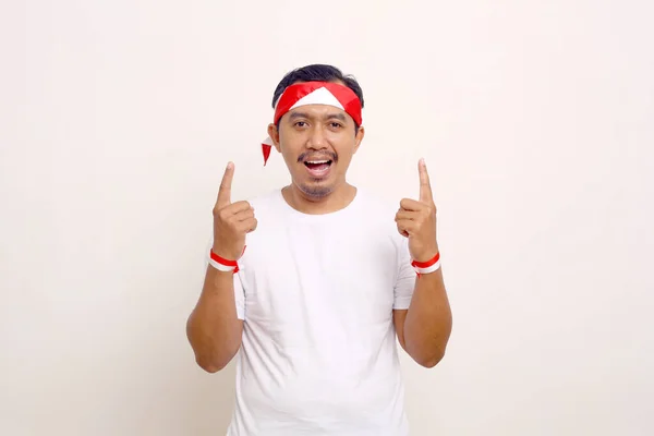 Asian Man Standing While Pointing Something Him Indonesian Independence Day — 图库照片