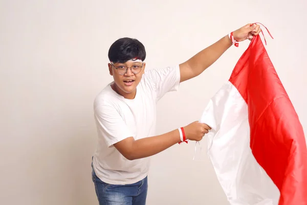 Happy Asian Boy Holding Indonesian Flag Indonesian Independence Day Concept — Stockfoto