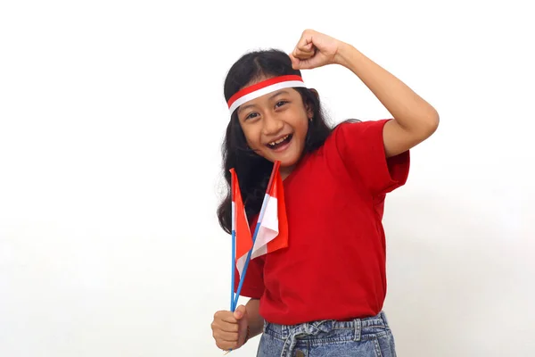 Happy Asian Girl Standing While Holding Indonesian Flag Celebrate Independence — Fotografia de Stock