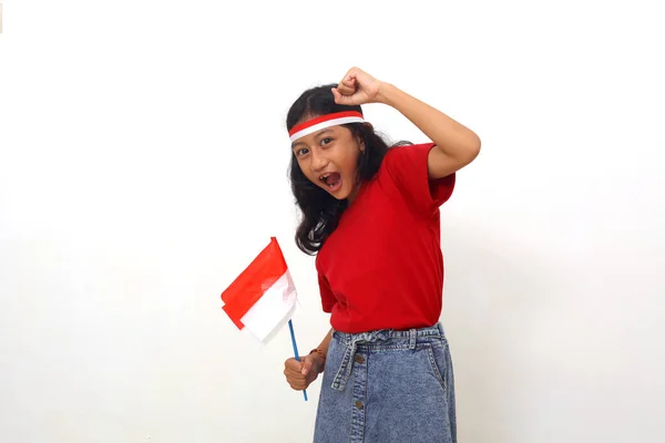 Happy Asian Girl Standing While Holding Indonesian Flag Celebrate Independence — Stock Fotó