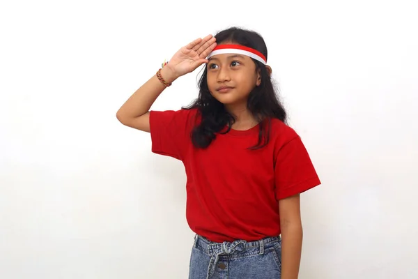 Asian Girl Standing Salute Gesture Indonesian Independence Day Concept Isolated — Stok Foto