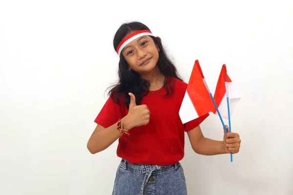 Smile Asian Girl Standing Holding Indonesian Flag While Showing Thumbs — Fotografia de Stock
