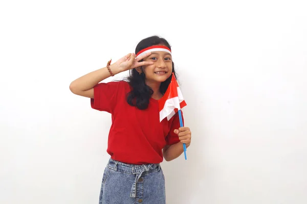 Adorable Asian Girl Standing Holding Indonesian Flag Celebrate Independence Day — 图库照片