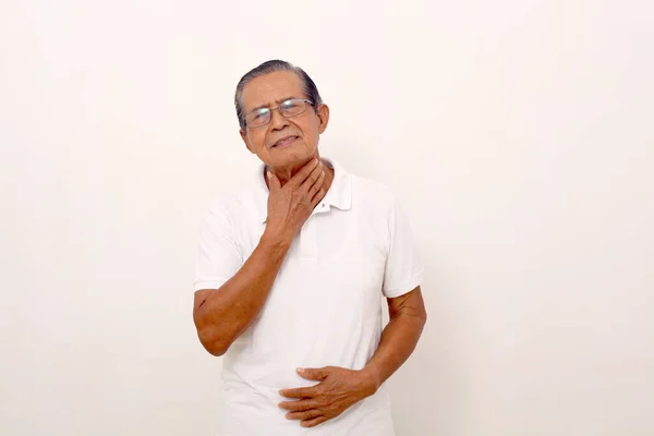 Elderly Asian Man Standing Suffering Sore Throat Isolated White Background — Zdjęcie stockowe