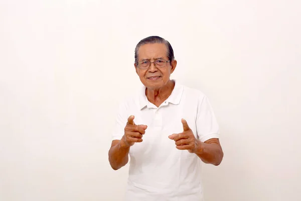 Happy Asian Old Man Standing While Pointing Camera Isolated White — Foto Stock