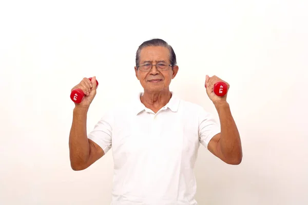 Elderly Asian Man Standing While Lifting Dumbbells Isolated White Background — Zdjęcie stockowe