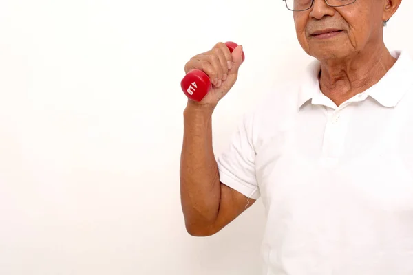 Close Photo Old Man Hand Lifting Dumbbells Isolated White Background — Φωτογραφία Αρχείου