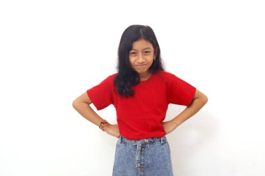 Angry little asian kid showing frustration and disagreement. Isolated on white background