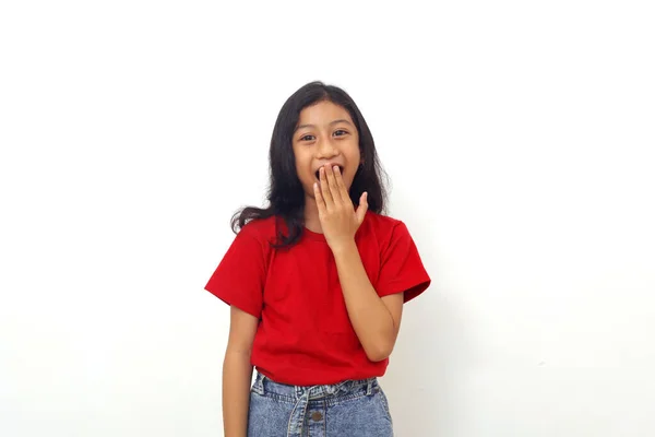 Happy Asian Little Girl Standing Amazed Gesture Isolated White Background — 图库照片