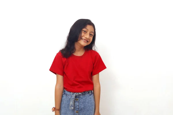 Adorable Asian Little Girl Standing While Smiling Isolated White Backgound — Fotografia de Stock