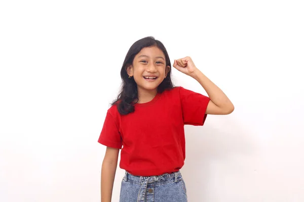 Happy Asian Little Girl Standing Clenched Hand Winning Hand Gesture — 스톡 사진