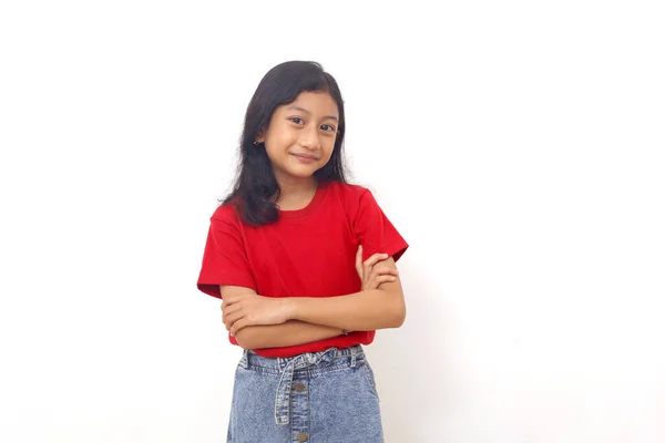 Adorable Asian Little Girl Standing Folded Hand Isolated White Background — Stockfoto