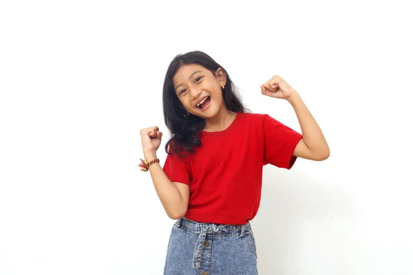 Cheerful Asian Little Girl Standing Succeed Gesture Clenched Hand Isolated — 图库照片