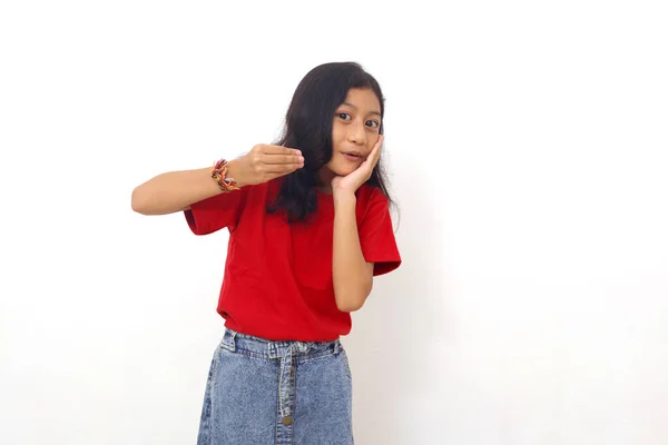 Amazed Asian Little Girl Standing While Holding Something Isolated White — Stock Fotó