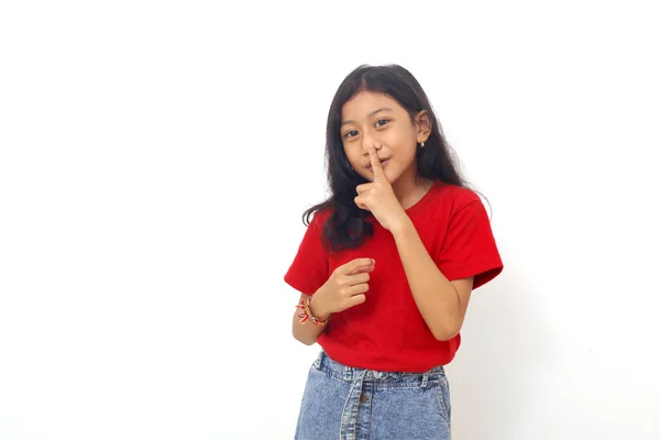 Adorable Asian Little Girl Red Standing While Making Quite Hand — Stock fotografie