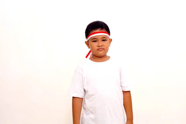 Asian Boy Standing Red White Ribbon His Head Indonesian Independence — Stockfoto