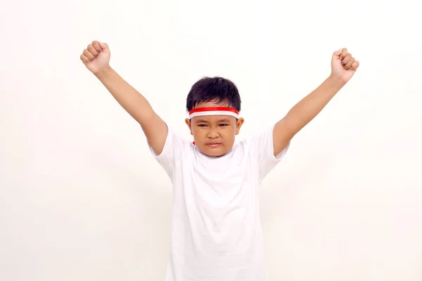 Asian Boy Standing Clenched Hand Indonesian Independence Day Concept Isolated — Stockfoto