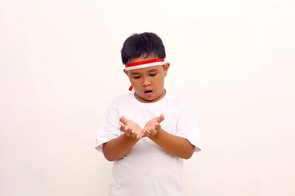 Amazed Asian Boy Standing While Holding Something Indonesian Independence Day — Stock Fotó
