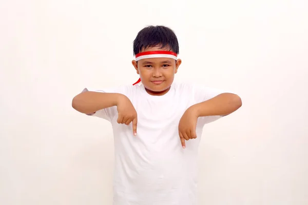Asian Boy Standing While Pointing Indonesian Independence Day Concept Isolated — Stock Fotó