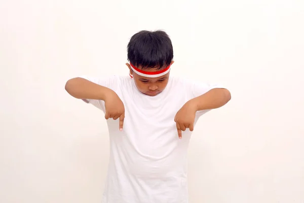 Asian Boy Standing While Pointing Indonesian Independence Day Concept Isolated — Stok Foto