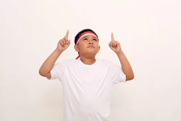 Asian Boy Standing While Pointing Indonesian Independence Day Concept Isolated — Stock Fotó