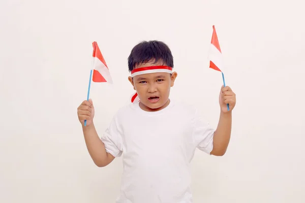 Happy Asian Boy Standing While Holding Indonesian Flag Independence Day — Foto Stock