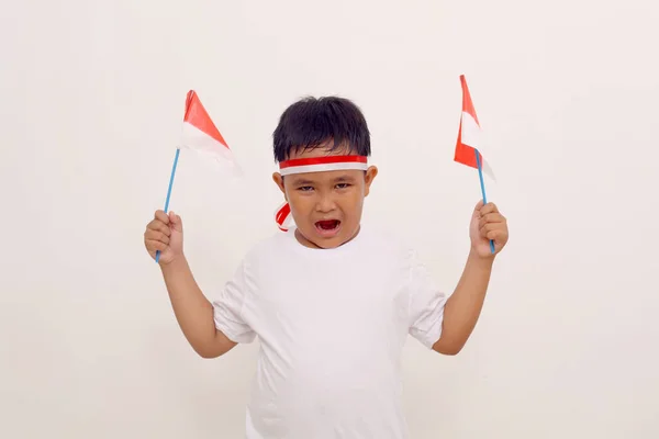 Happy Asian Boy Standing While Holding Indonesian Flag Independence Day — Stock Fotó