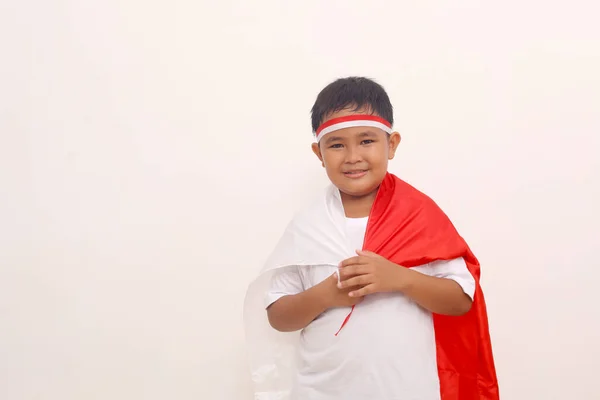 Happy Asian Boy Standing While Carrying Indonesian Flag Independence Day — Stock Fotó