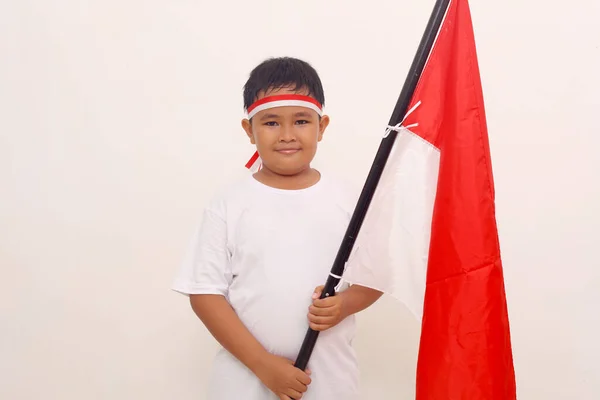 Happy Asian Boy Standing While Carrying Indonesian Flag Independence Day — Stock Fotó