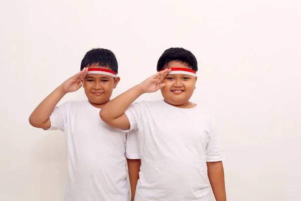 Adorable Asian Boys Standing Respect Salute Gesture Indonesian Independence Day — Stok Foto