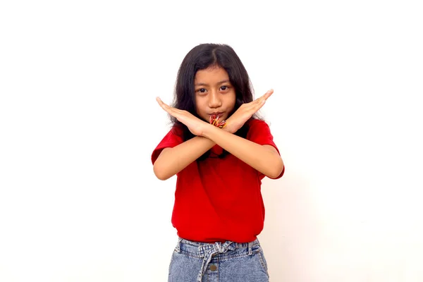 Kid Crossed Hands Posing Stop Sign Wearing Red Shirt White — Zdjęcie stockowe