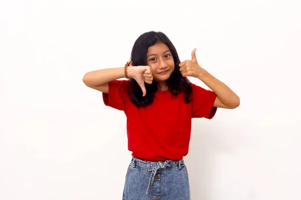 Asian Little Girl Standing While Showing Thumb Thumb Isolated White — Stock Photo, Image