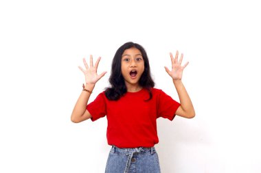 Wow and amazed expression of asian little girl standing while looking at the camera