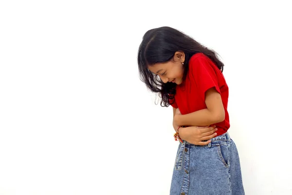 Asian Little Girl Standing Holding Stomach Feeling Pain Healthcare Concept — Foto de Stock