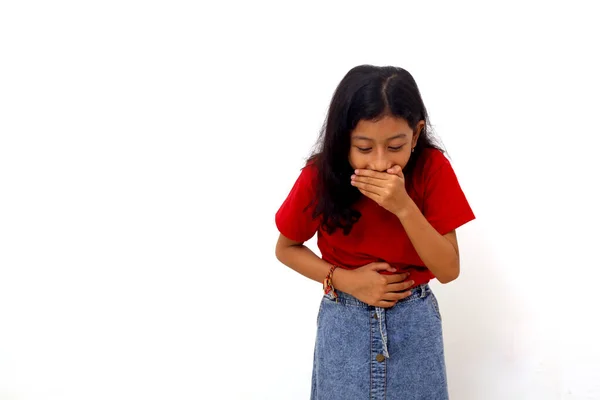 Asian Little Girl Feel Nauseous Vomit Healthy Concept Isolated White —  Fotos de Stock