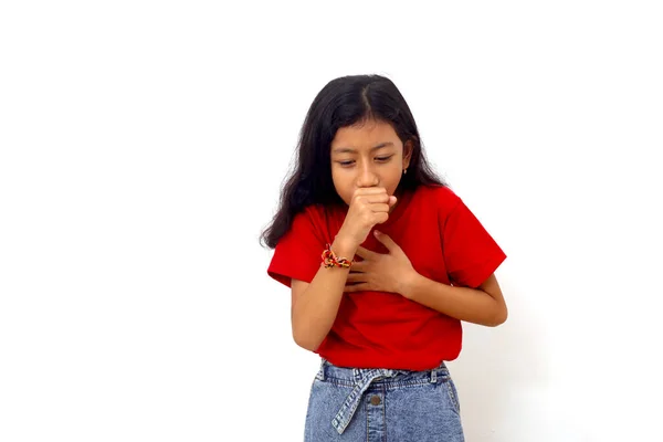 Asian Little Girl Feeling Unwell Coughing Symptom Cold Bronchitis Health —  Fotos de Stock