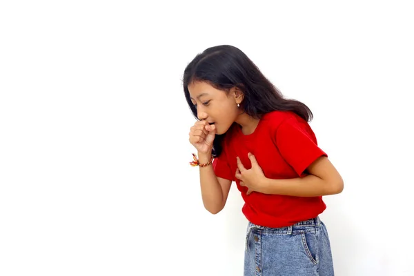 Asian Little Girl Feeling Unwell Coughing Symptom Cold Bronchitis Health — Zdjęcie stockowe