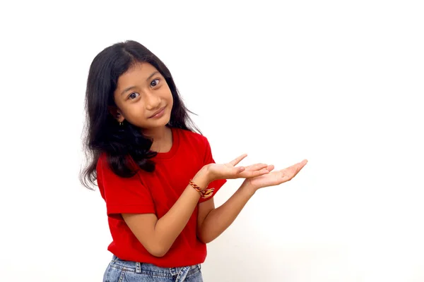 Wow Amazed Expression Asian Little Girl While Presenting Something Empty — 스톡 사진