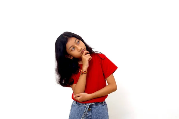 Happy Asian Little Girl Standing While Looking Sideways Empty Space — Stock fotografie