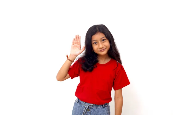 Happy Asian Little Girl Standing Open Palm Showing Five Fingers — Stok fotoğraf