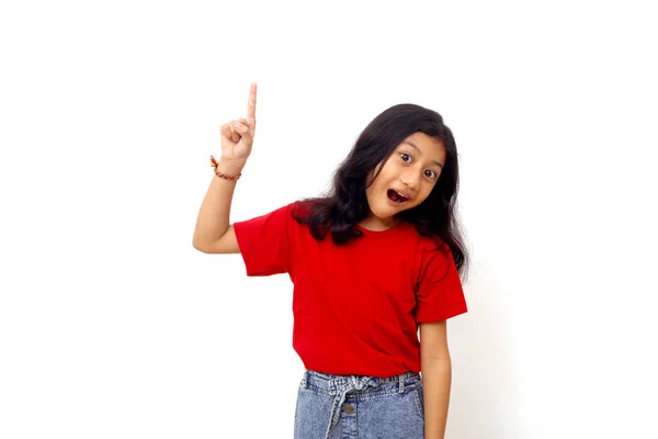 Wow Amazed Expression Asian Little Girl While Pointing Something Empty — Stockfoto