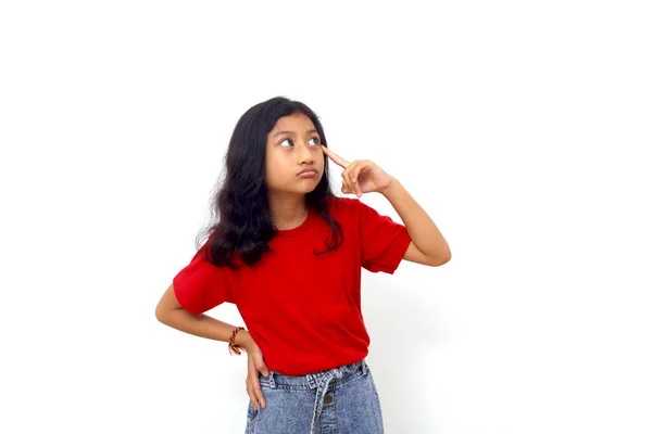 Thoughtful Asian Little Girl Standing While Looking Sideways Empty Space — Stockfoto