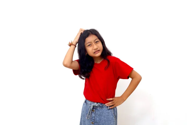 Annoyed Frustrated Asian Little Girl Standing Isolated White Background — Stockfoto