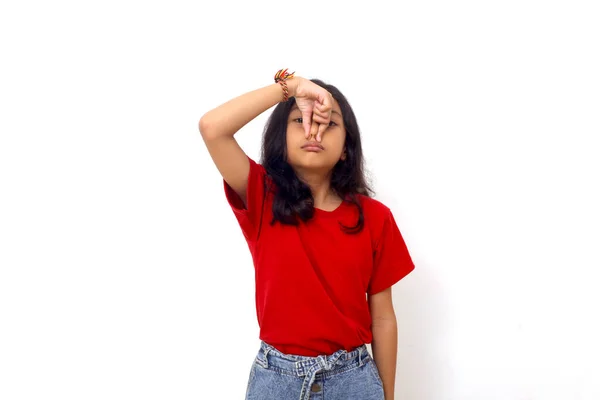 Asian Little Girl Smelling Something Stinky Disgusting Holding Breath Fingers —  Fotos de Stock