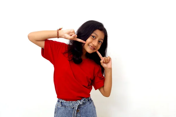 Happy Asian Little Girl Standing While Posing Cheerful Expression Isolated — Zdjęcie stockowe