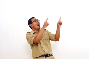 Wow and amazed expression of Indonesian government employees while pointing above him